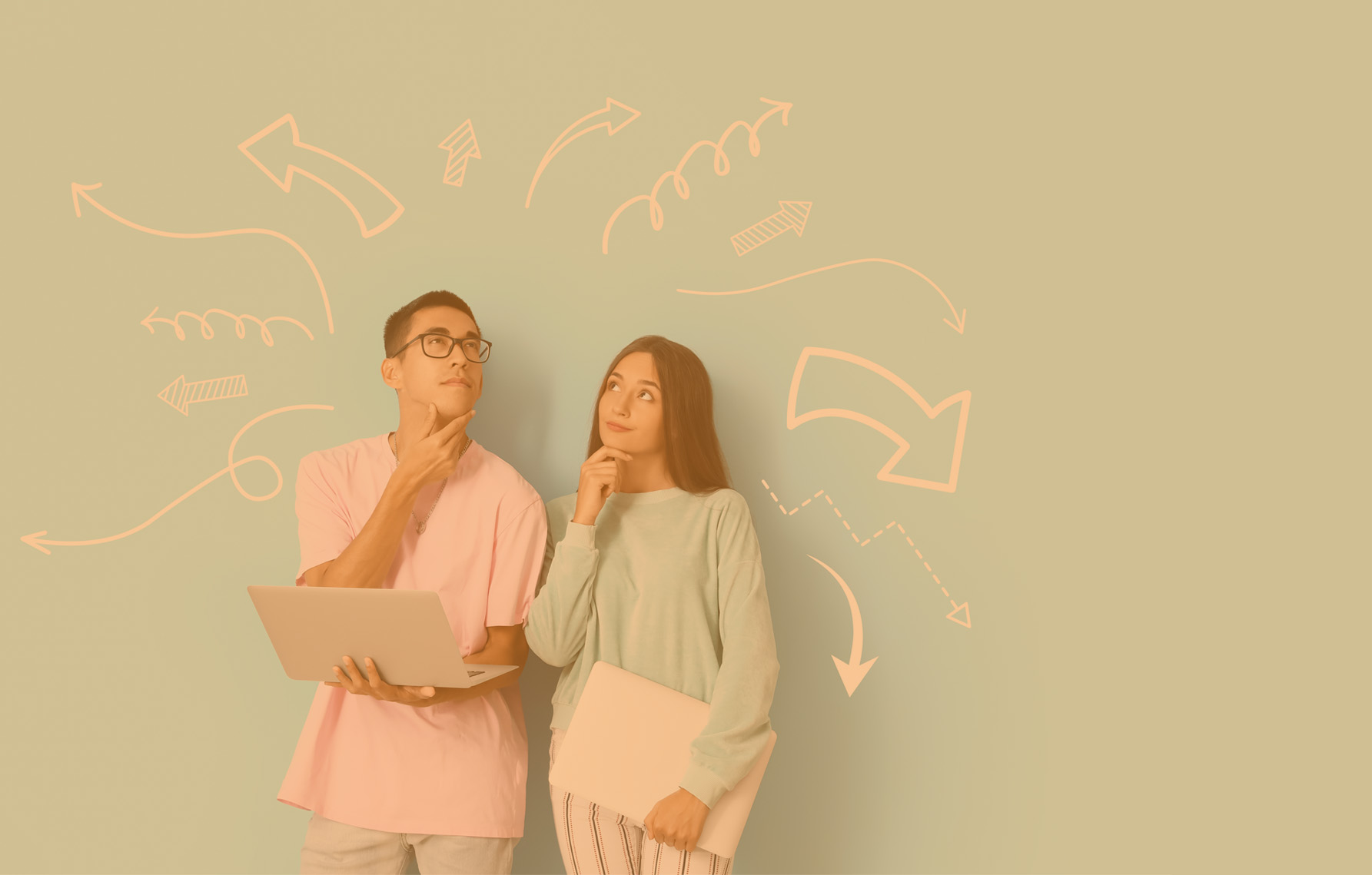 Thoughtful young couple with laptops on light blue background. Concept of choice